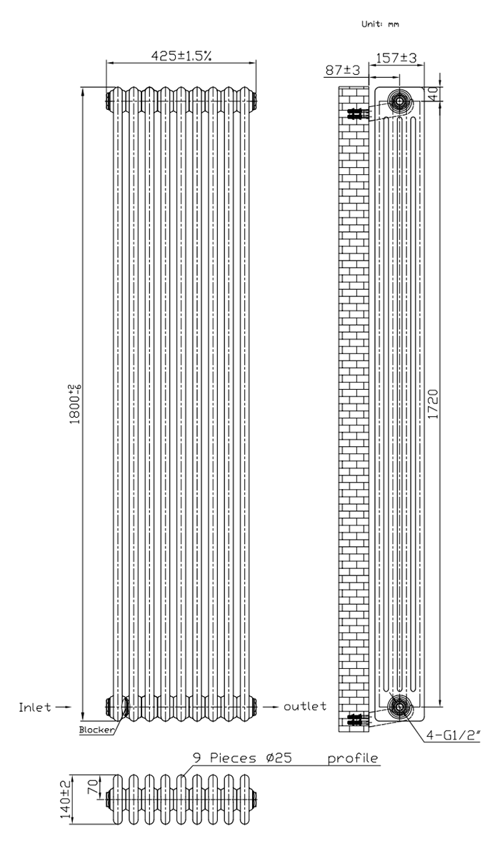 Keswick 1800 x 425mm Cast Iron Style Traditional 4 Column Anthracite Radiator