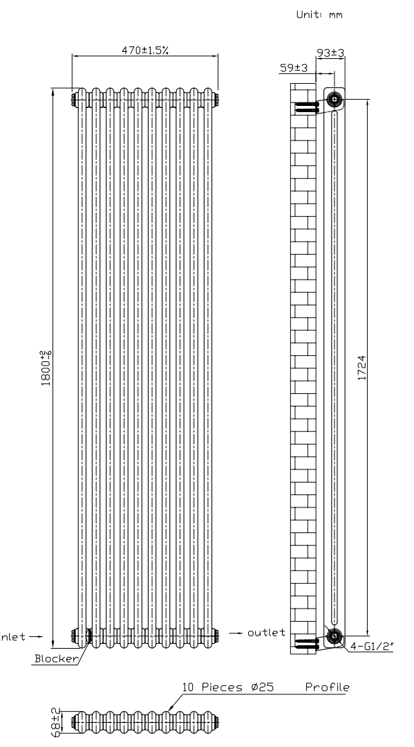 Keswick 1800 x 470mm Cast Iron Style Traditional 2 Column White Radiator