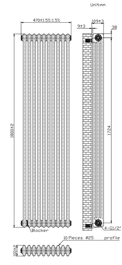 Keswick 1800 x 470mm Raw Metal (Lacquered) 2 Column Radiator