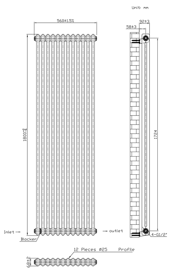 Keswick 1800 x 560mm Cast Iron Style Traditional 2 Column Matt Black Radiator
