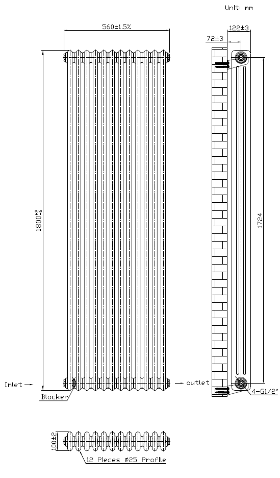 Keswick 1800 x 560mm Cast Iron Style Traditional 3 Column Anthracite Radiator