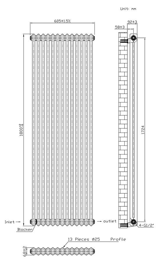 Keswick 1800 x 605mm Cast Iron Style Traditional 2 Column Matt Black Radiator
