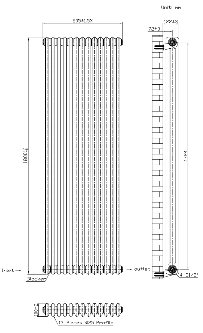 Keswick 1800 x 605mm Raw Metal (Lacquered) 3 Column Radiator