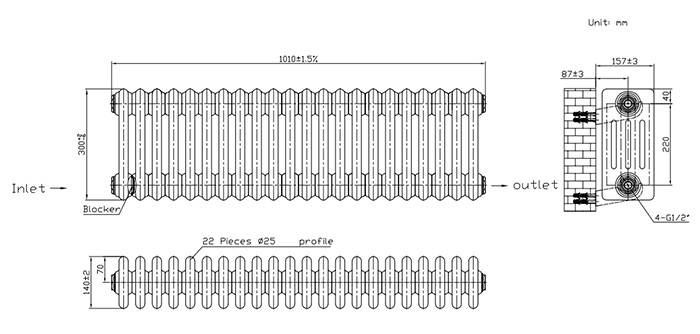 Keswick 300 x 1010mm Horizontal Radiator White 4 Column