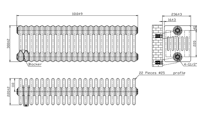 Keswick 300 x 1010mm Horizontal Radiator White 6 Column (22 Sections) with Feet