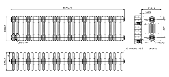 Keswick 300 x 1370mm Horizontal Radiator White 6 Column (30 Sections) with Feet