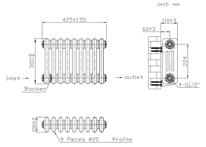 Keswick 300 x 425mm Horizontal Radiator Anthracite 3 Column
