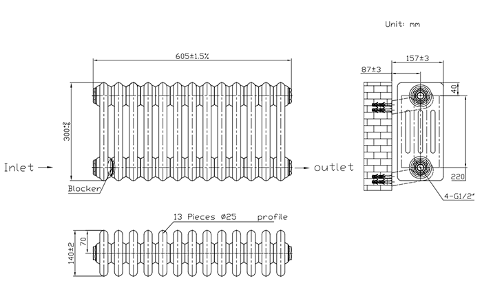 Keswick 300 x 605mm Horizontal Radiator White 4 Column