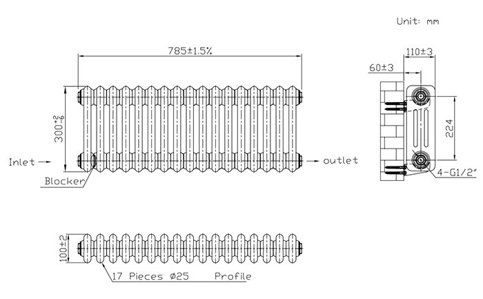 Keswick 300 x 785mm Horizontal Radiator White 3 Column