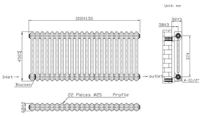 Keswick 450 x 1010mm Horizontal Radiator Anthracite 2 Column