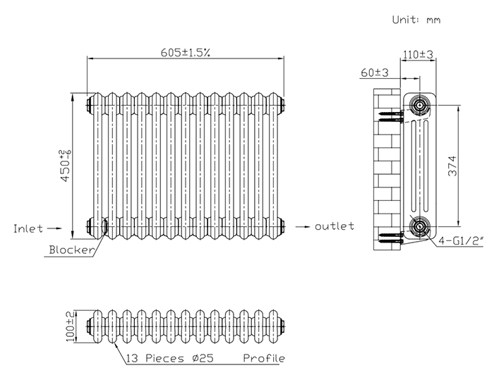 Keswick 450 x 605mm Horizontal Radiator Anthracite 3 Column