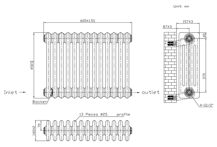 Keswick 450 x 605mm Horizontal Radiator Anthracite 4 Column