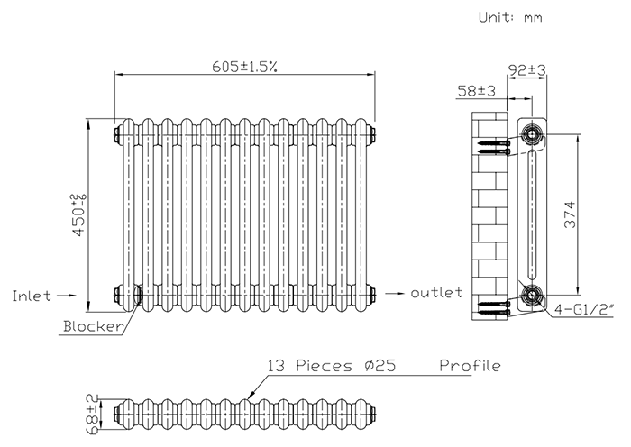 Keswick 450 x 605mm Horizontal Radiator Matt Black 2 Column