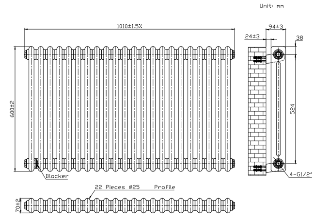 Keswick 600 x 1010mm Traditional White Electric Only 2 Column Radiator with Bluetooth Thermostatic Element