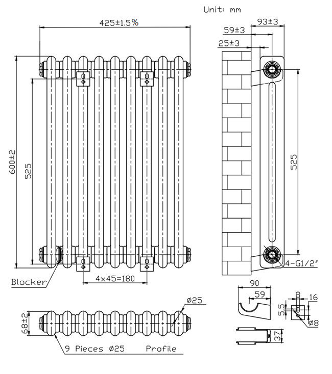 Keswick 600 x 425mm Vertical Radiator White 2 Column (9 Sections)