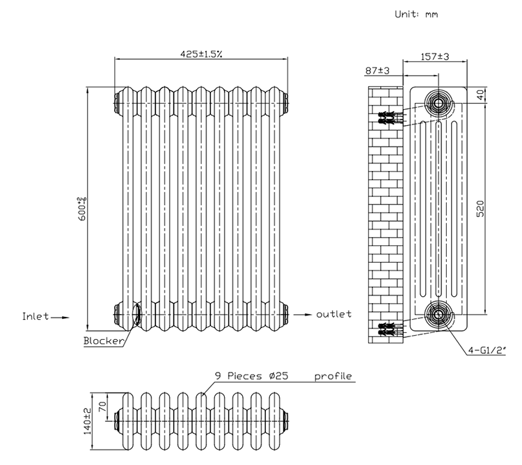 Keswick 600 x 425mm Cast Iron Style Traditional 4 Column Anthracite Radiator