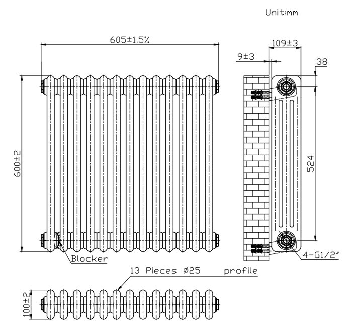 Keswick 600 x 605mm Cast Iron Style Traditional 3 Column Anthracite Radiator