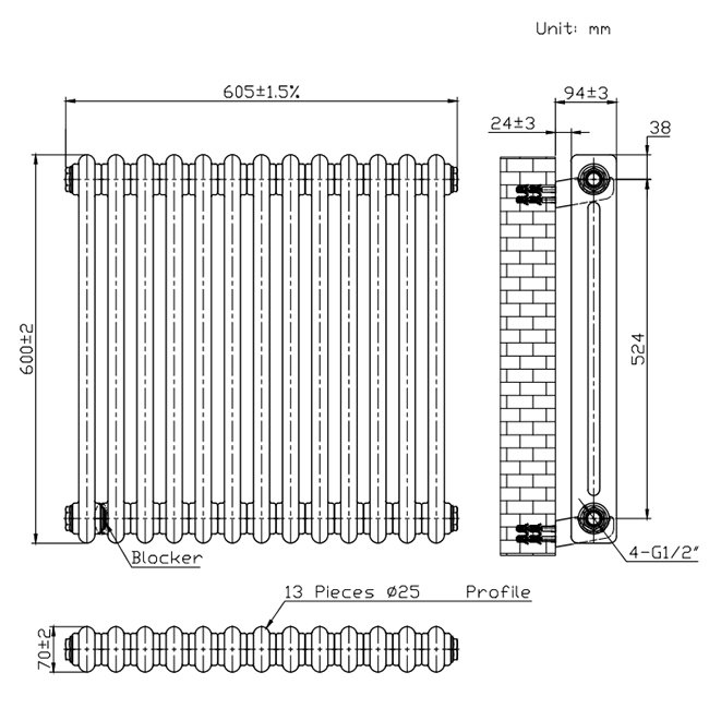 Keswick 600 x 605mm Traditional Anthracite Electric Only 2 Column ...