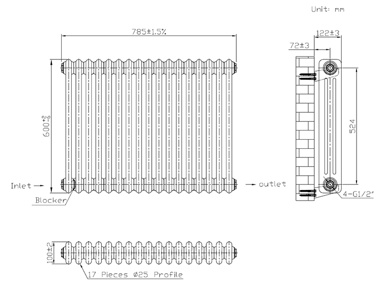 Keswick 600 x 785mm Cast Iron Style Traditional 3 Column Matt Black Radiator