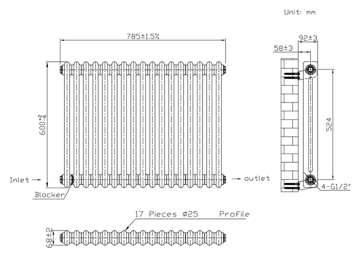 Keswick 600 x 785mm Horizontal Radiator White 2 Column