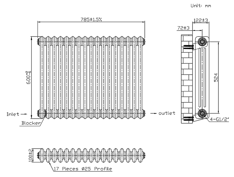 Keswick 600 x 785mm Raw Metal (Lacquered) 3 Column Radiator