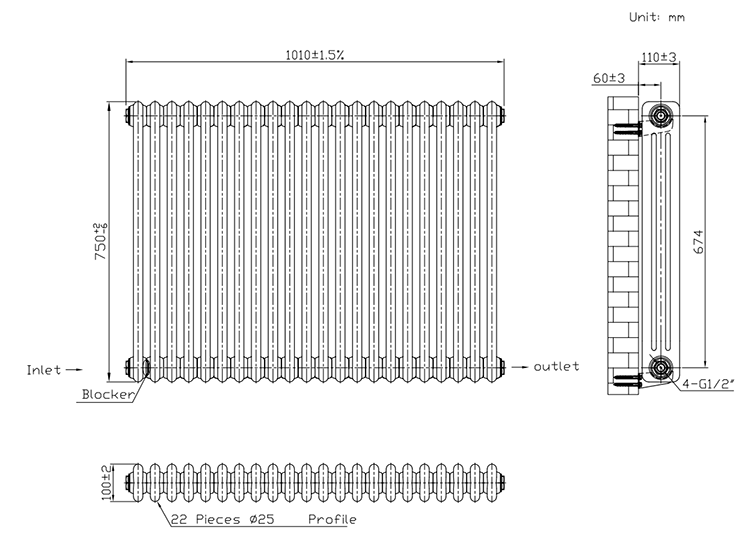 Keswick 750 x 1010mm Horizontal Radiator Matt Black 3 Column