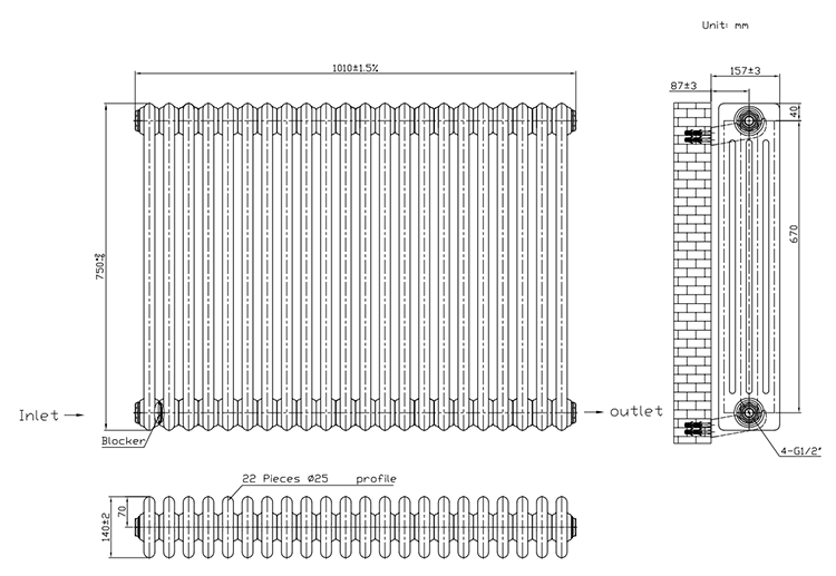 Keswick 750 x 1010mm Horizontal Radiator White 4 Column