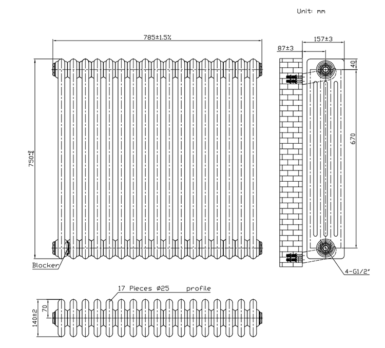 Keswick 750 x 785mm Horizontal Radiator Anthracite 4 Column