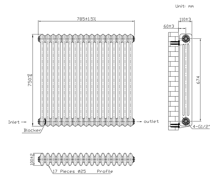 Keswick 750 x 785mm Horizontal Radiator Matt Black 3 Column