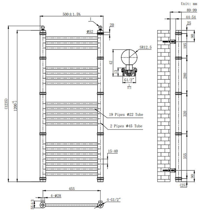 Keswick Anthracite Traditional 500 x 1200mm Heated Towel Rail