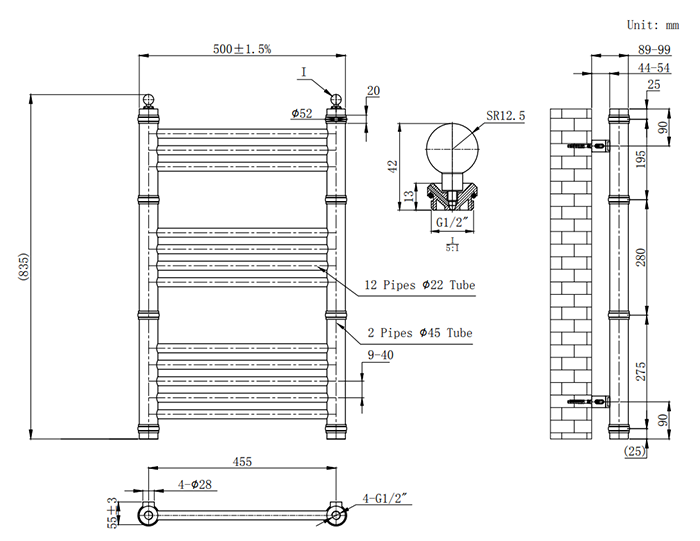 Keswick Anthracite Traditional 500 x 800mm Heated Towel Rail