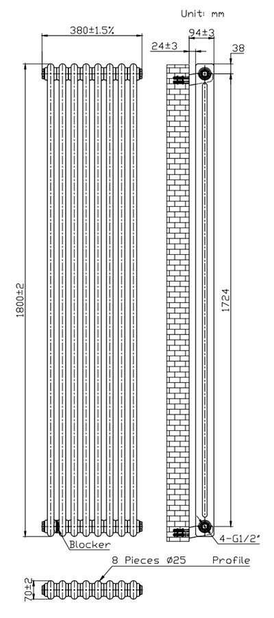 Keswick H1800 x W380mm Cast Iron Style Traditional 2 Column White Radiator (8 Sections)