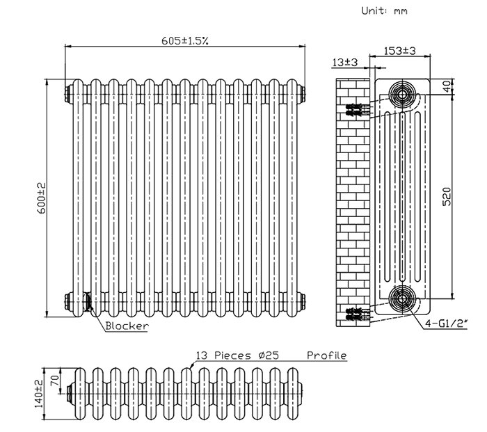 Keswick 600 x 605mm Horizontal Radiator White 4 Column (14 Sections)  