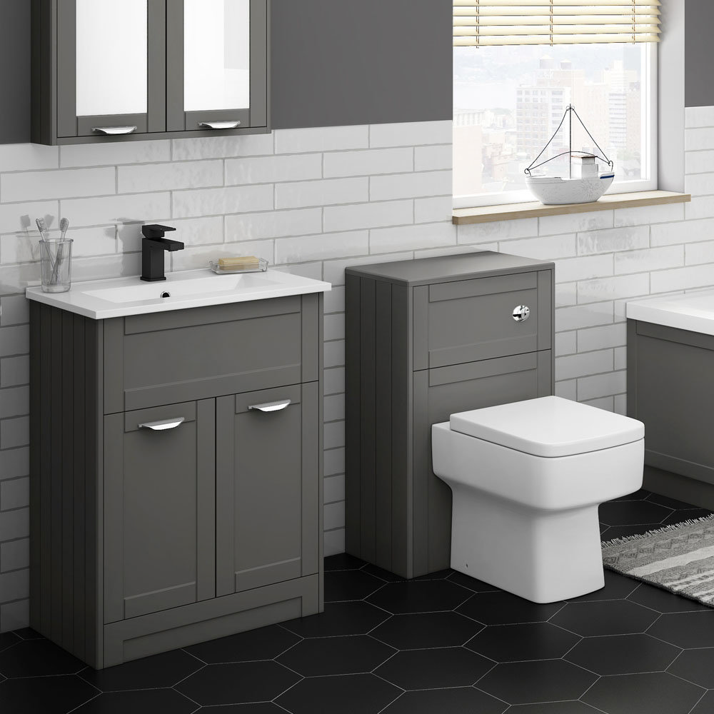 Grey vanity unit with outlet sink