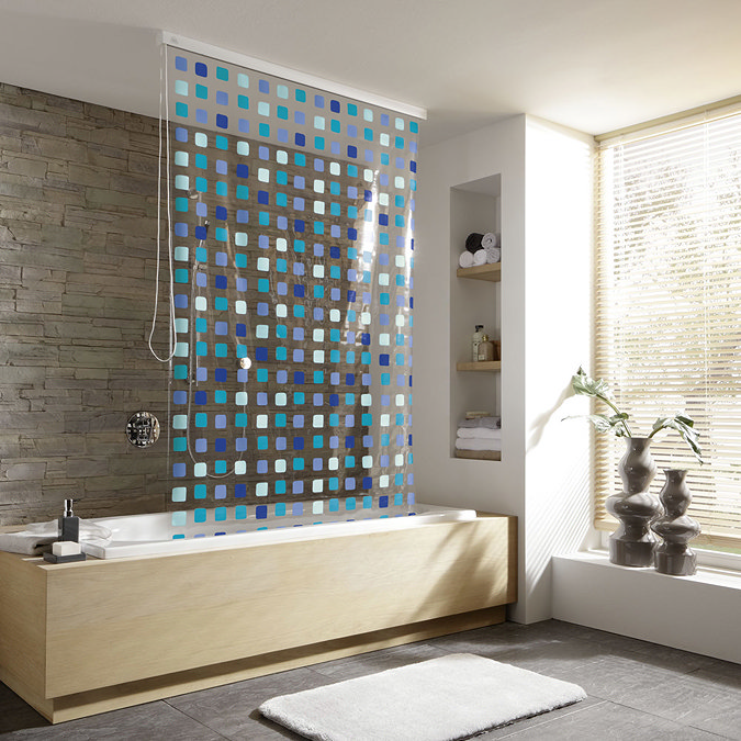 Kleine Wolke - Vinyl Blue Squares Shower Roller Blind W1340 x H2400mm (Parts A+B) Large Image