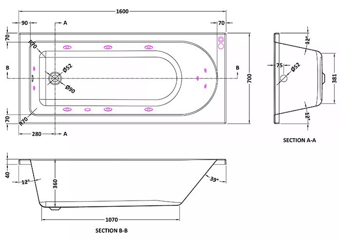 Laguna Whirlpool Spa 11 Jet Round Single Ended Bath 1600mm x 700mm