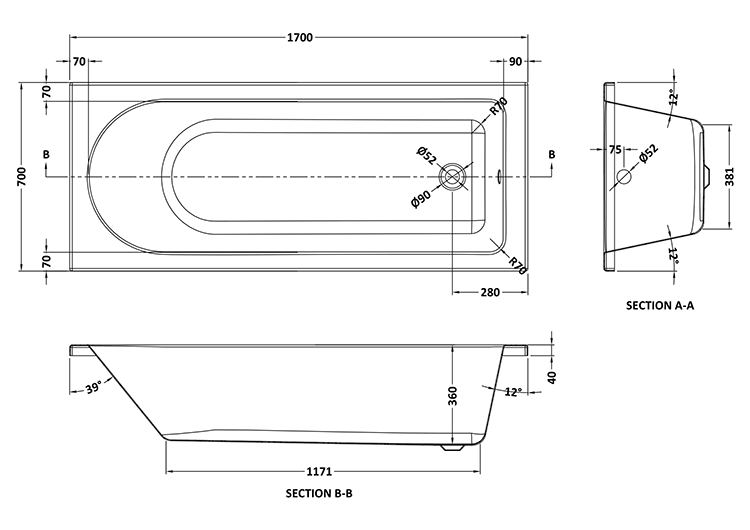 Laguna Whirlpool Spa 11 Jet Round Single Ended Bath 1700mm x 700mm