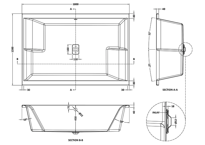 Laguna Whirlpool Spa 18 Jet 1800 x 1200 Super Deep Two-Person Inset Bath - Brushed Brass Jets