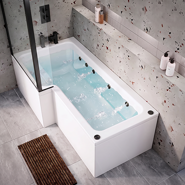 Laguna Whirlpool Spa 8 Jet L-Shaped Shower Bath + Screen - Matt Black Jets