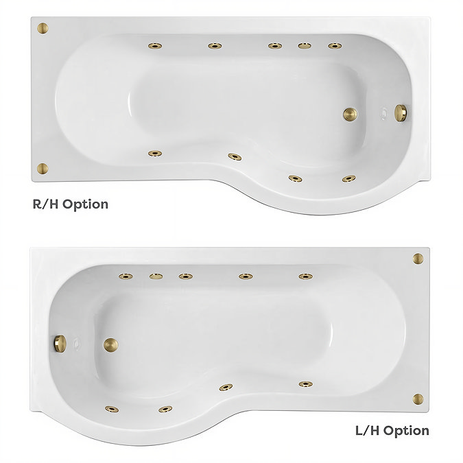 Laguna Whirlpool Spa 8 Jet P-Shaped Shower Bath with Screen + Panel - Brushed Brass Jets