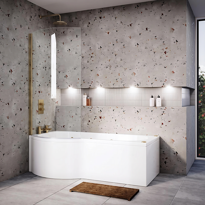 Laguna Whirlpool Spa 8 Jet P-Shaped Shower Bath with Screen + Panel - Brushed Brass Jets