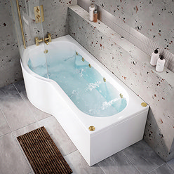 Laguna Whirlpool Spa 8 Jet P-Shaped Shower Bath with Screen + Panel - Brushed Brass Jets