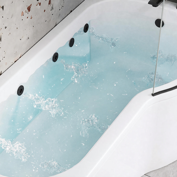 Laguna Whirlpool Spa 8 Jet P-Shaped Shower Bath with Screen + Panel - Matt Black Jets