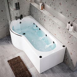 Laguna Whirlpool Spa 8 Jet P-Shaped Shower Bath with Screen + Panel - Matt Black Jets
