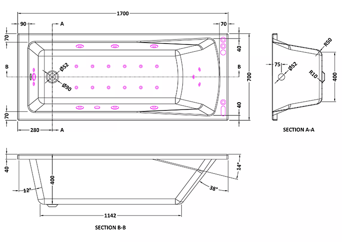 Laguna Hydrotherapy Whirlpool Spa Bath - 11 Jet Square Single Ended Design With Light - 1700 x 700mm