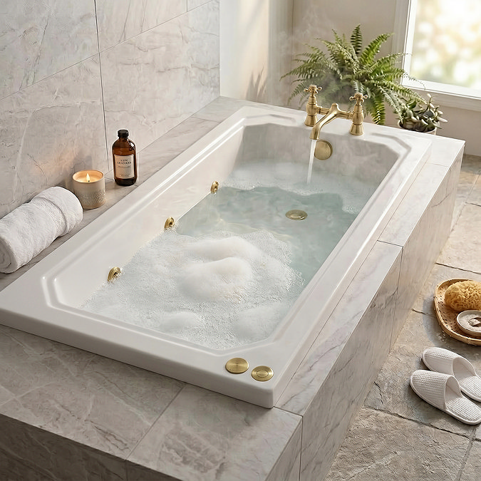 Laguna Whirlpool Spa Bath - 6 Jet Art Deco Square Single Ended Design - Brushed Brass Jets