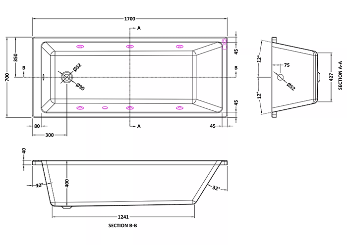 Laguna Whirlpool Spa Bath - 6 Jet Thin Edge Square Single Ended Design 1700 x 700mm