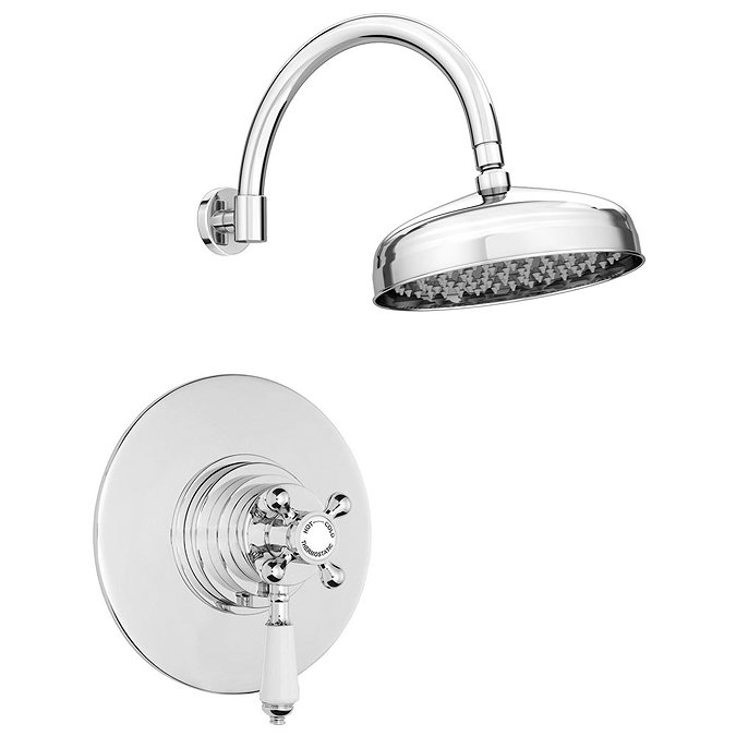 Lancaster Round Concealed Dual Thermostatic Shower Valve with 8" Shower Head with Round Curved Arm L