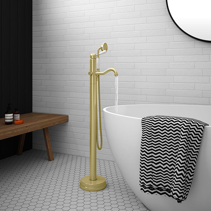 Lancaster Traditional Brushed Brass Single Lever Freestanding Bath Shower Mixer Large Image