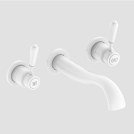 Lancaster Traditional Matt White Wall Mounted Lever Basin Mixer Tap Large Image